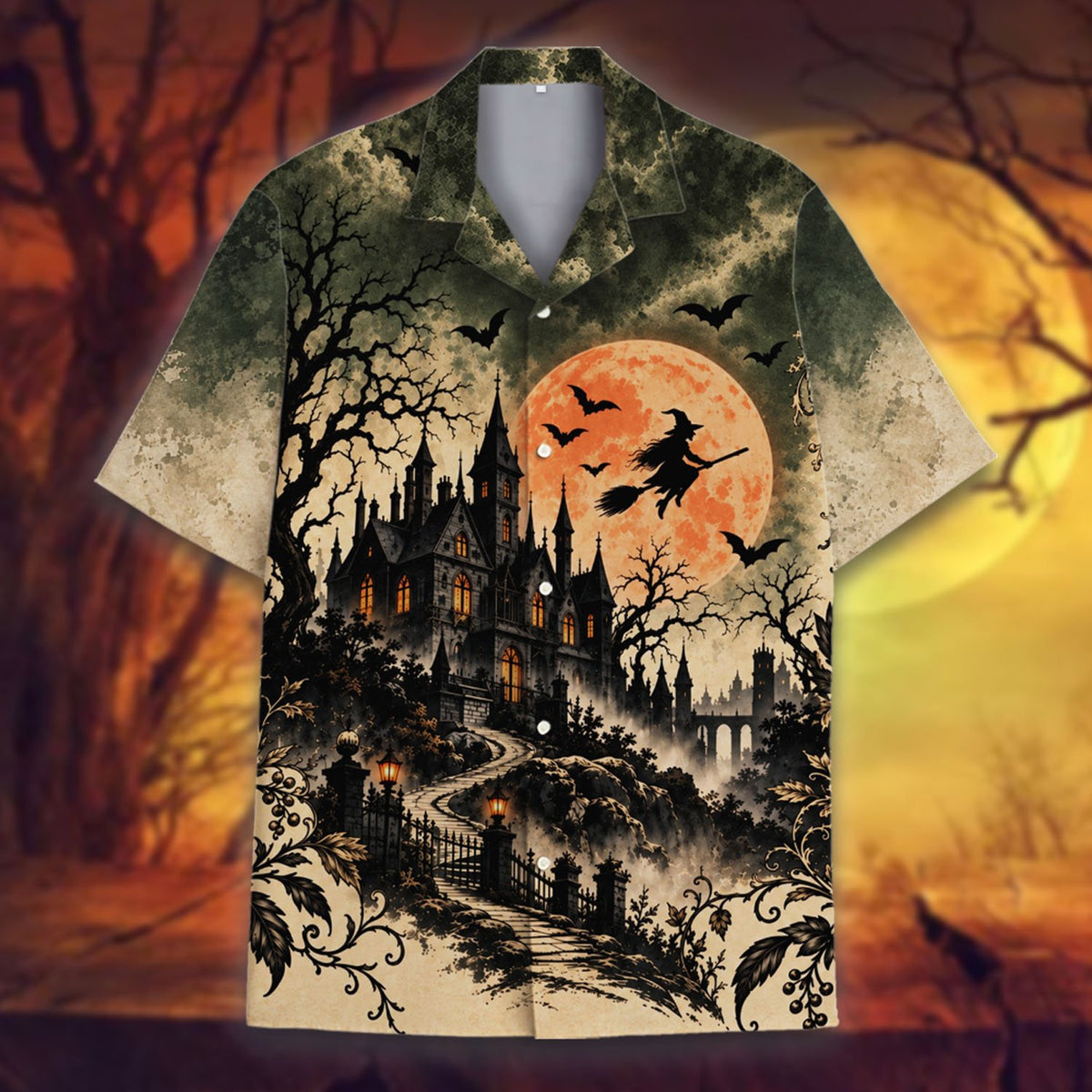 Close-up front detail of the haunted castle and bats pattern