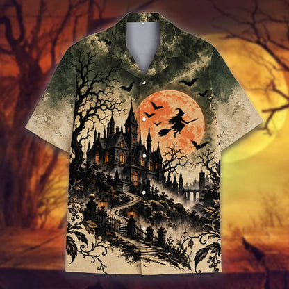 Close-up front detail of the haunted castle and bats pattern