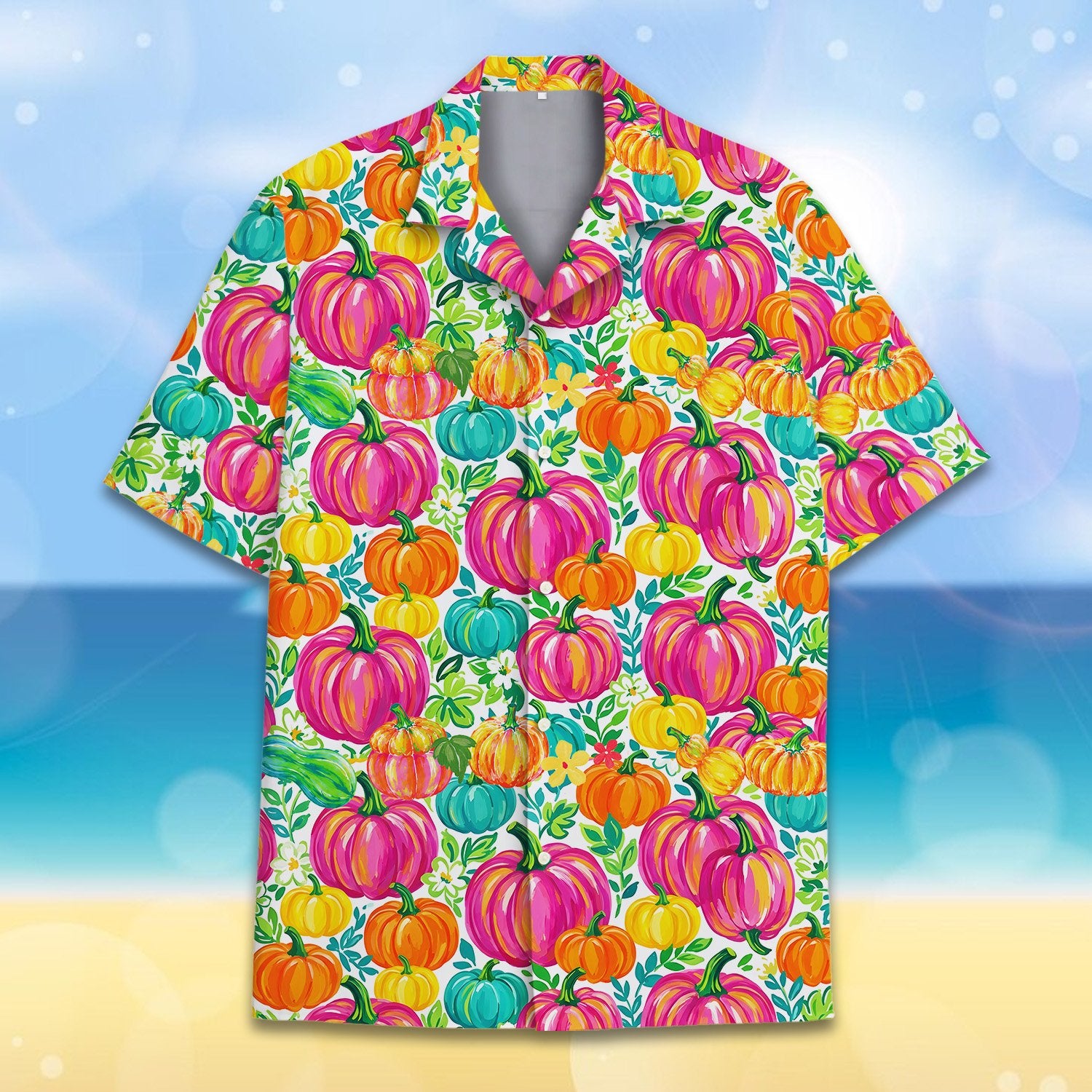 White hawaiian shirt with orange and yellow pumpkins, front view 3