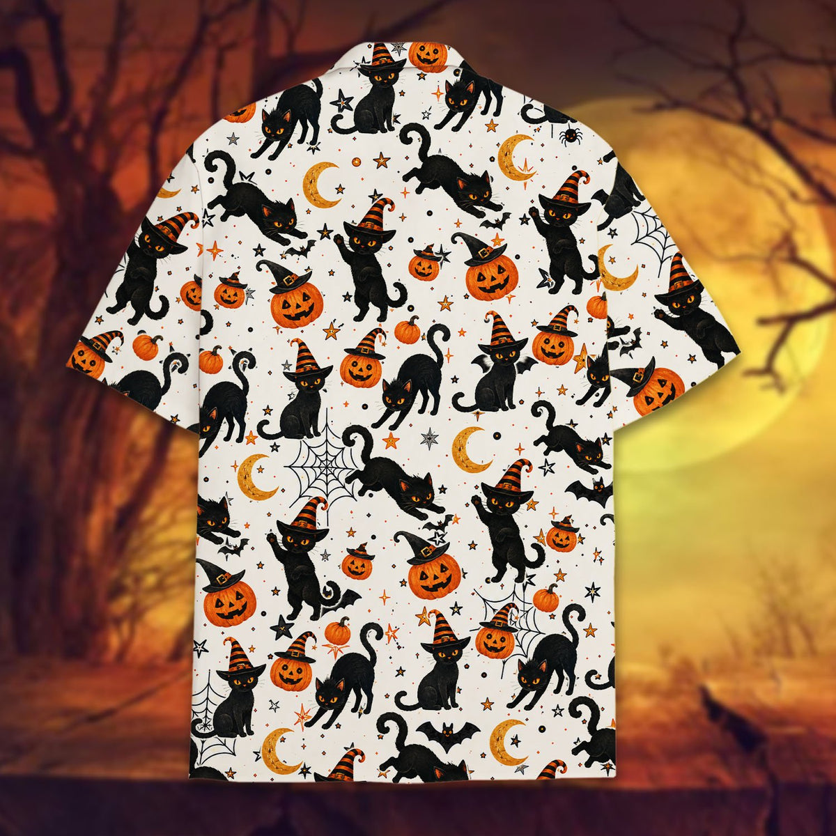 Close-up front view highlighting the spooky cat and pumpkin pattern on the Hawaiian shirt