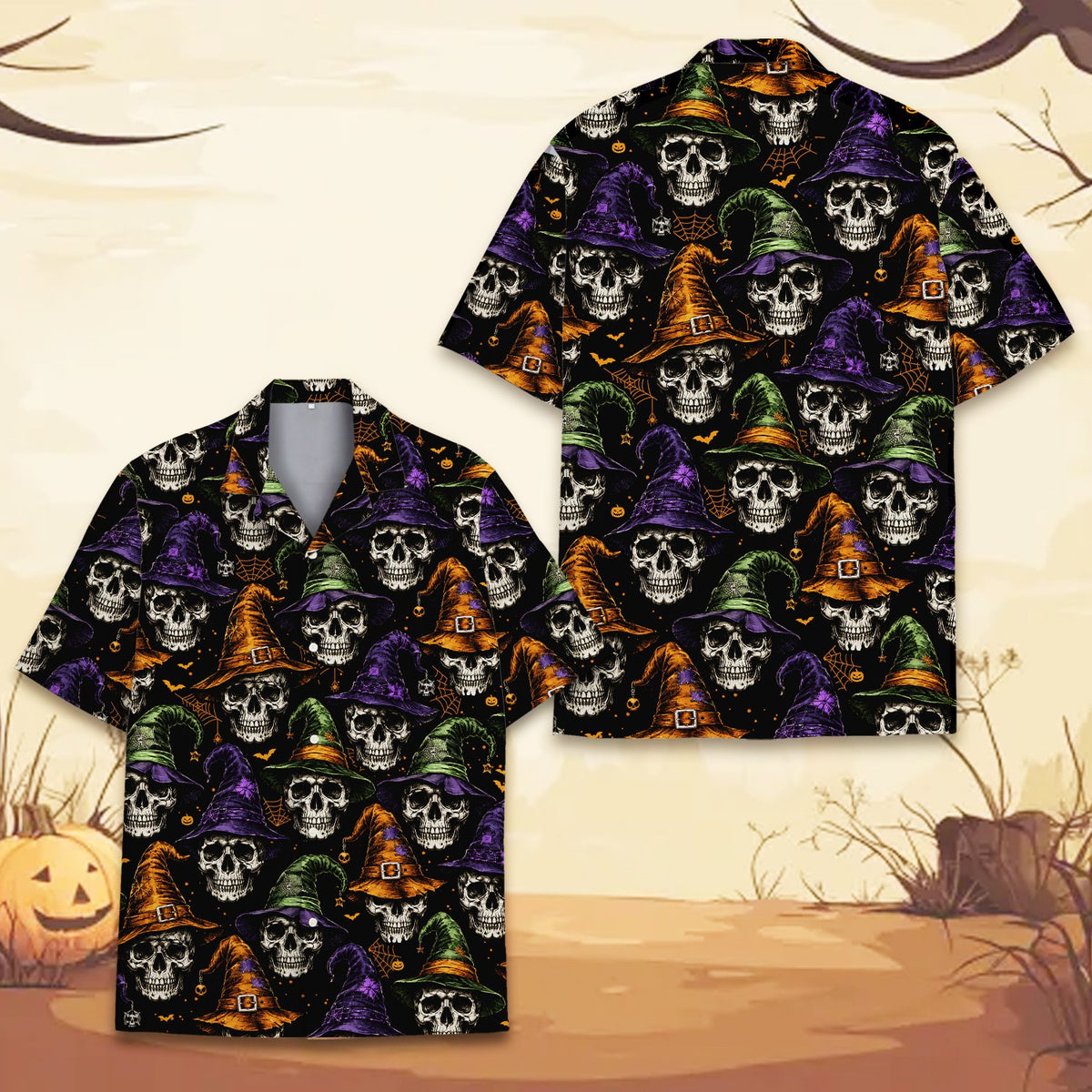 Close-up front view of the halloween hawaiian shirt details