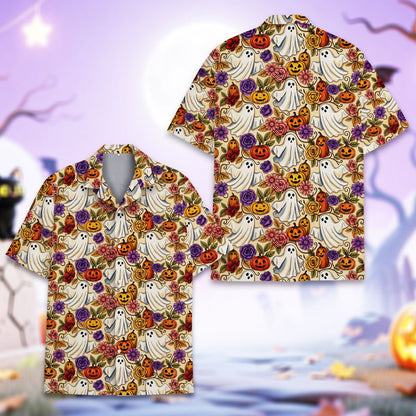 Close-up front view of the vintage ghost and jack-o'-lantern pattern on the yellow Hawaiian shirt