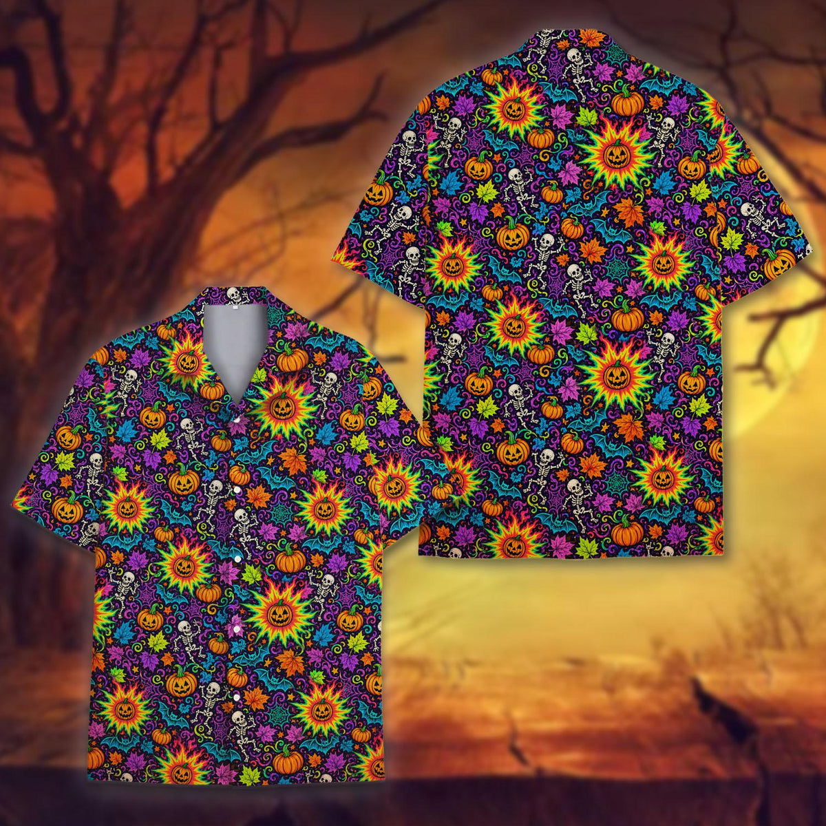 Detailed front view of the multicolor Halloween Hawaiian shirt