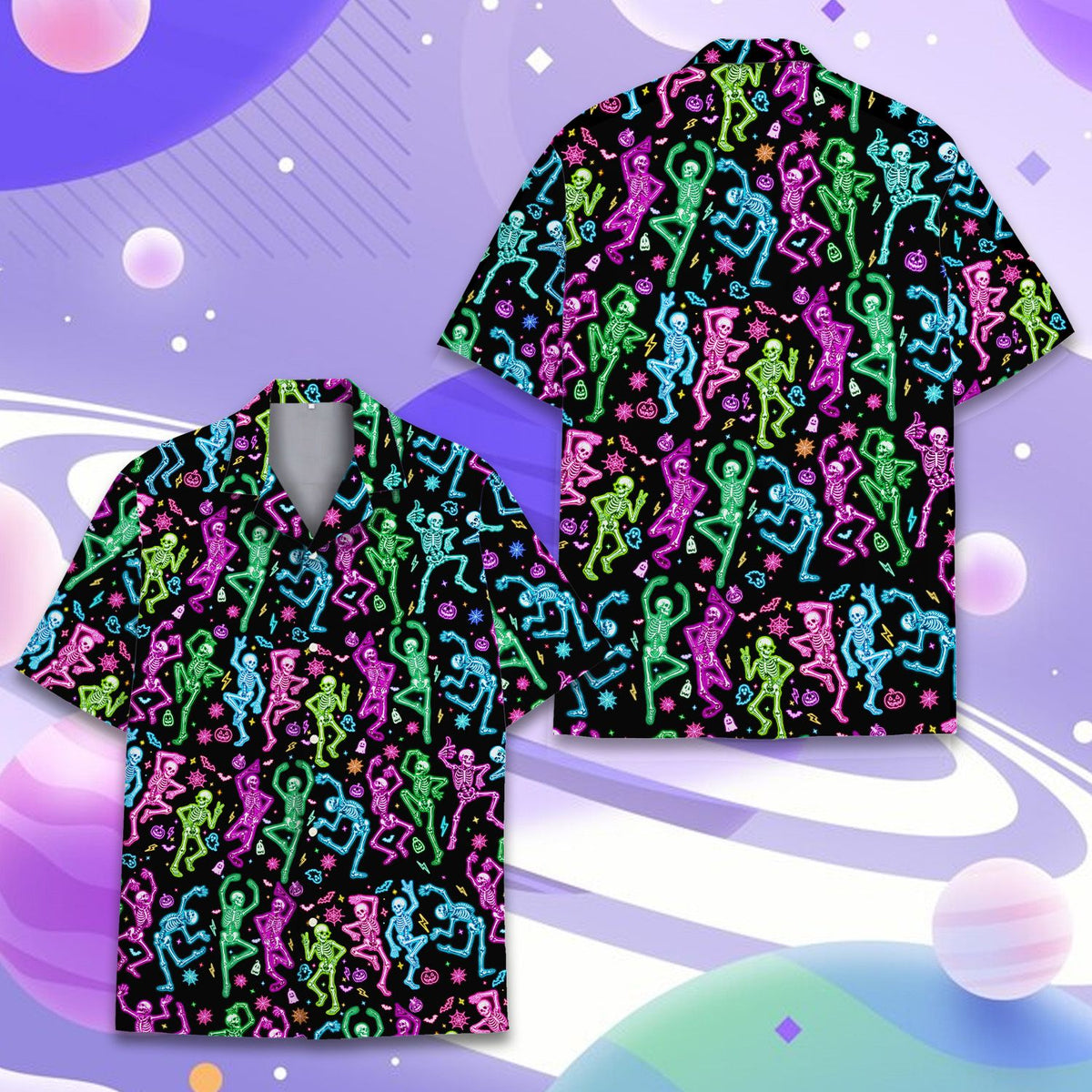 Close-up front view showing spider webs and jack-o'-lanterns on the hawaiian shirt