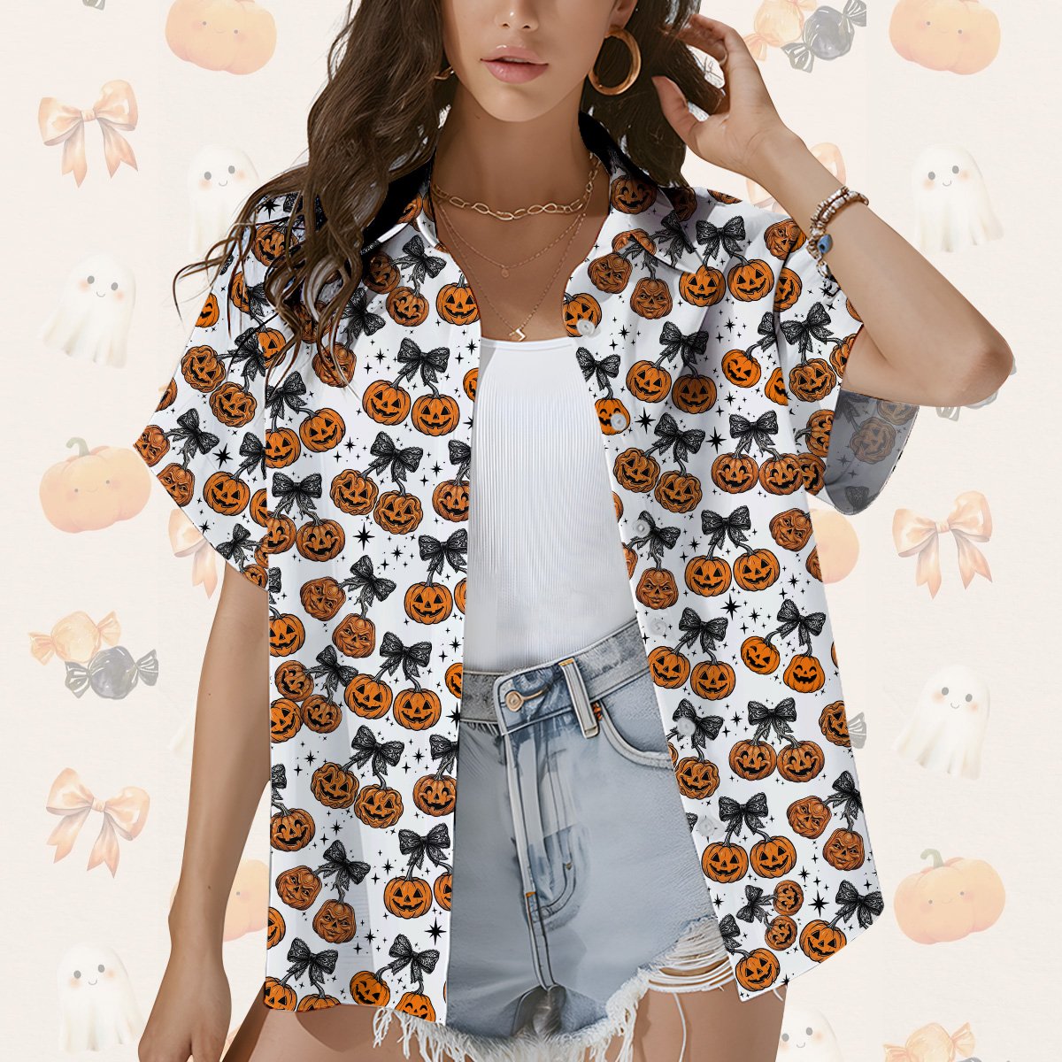 Matching family hawaiian shirts with cherry pumpkin print front view