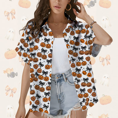 Matching family hawaiian shirts with cherry pumpkin print front view