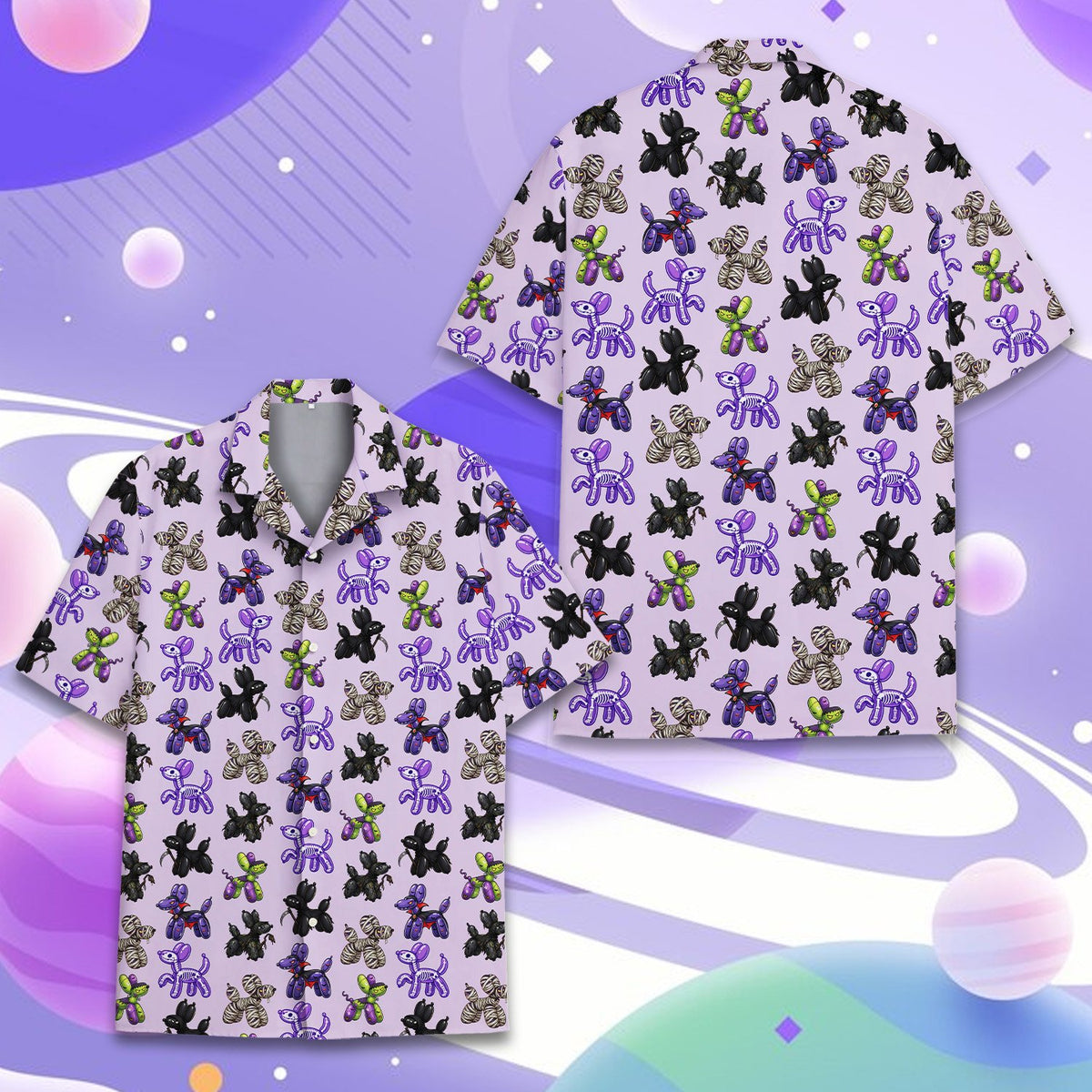 Purple button-down shirt with vampire and grim reaper balloon dogs front view