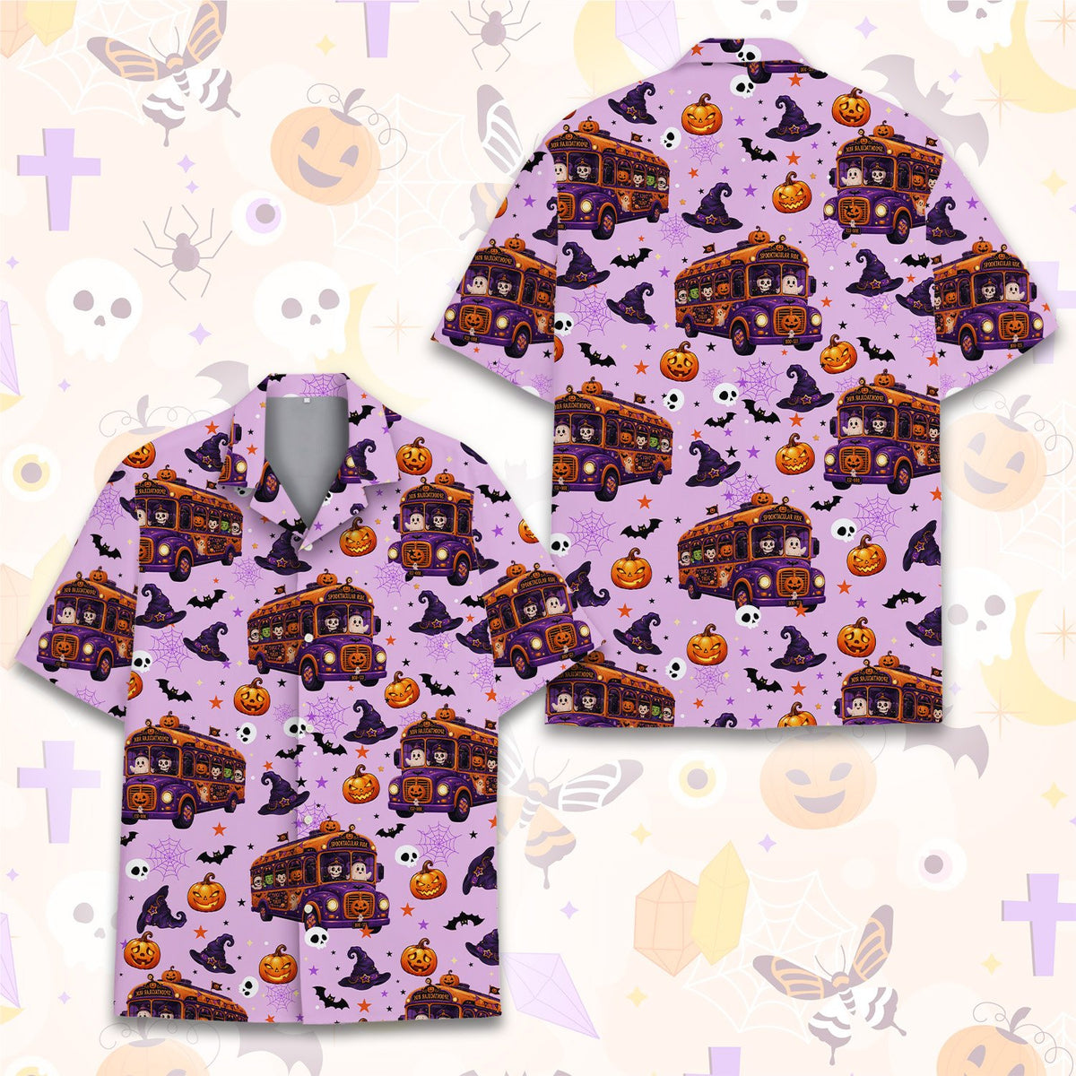 Detailed front view showing the Spooktacular Ride bus on the hawaiian shirt