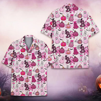 Front view of the pink Halloween holiday hawaiian shirt