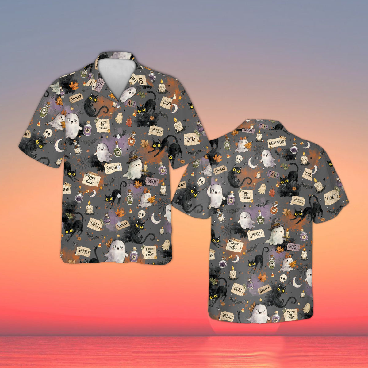 Matching family halloween hawaiian shirt with watercolor ghosts and black cats, main view
