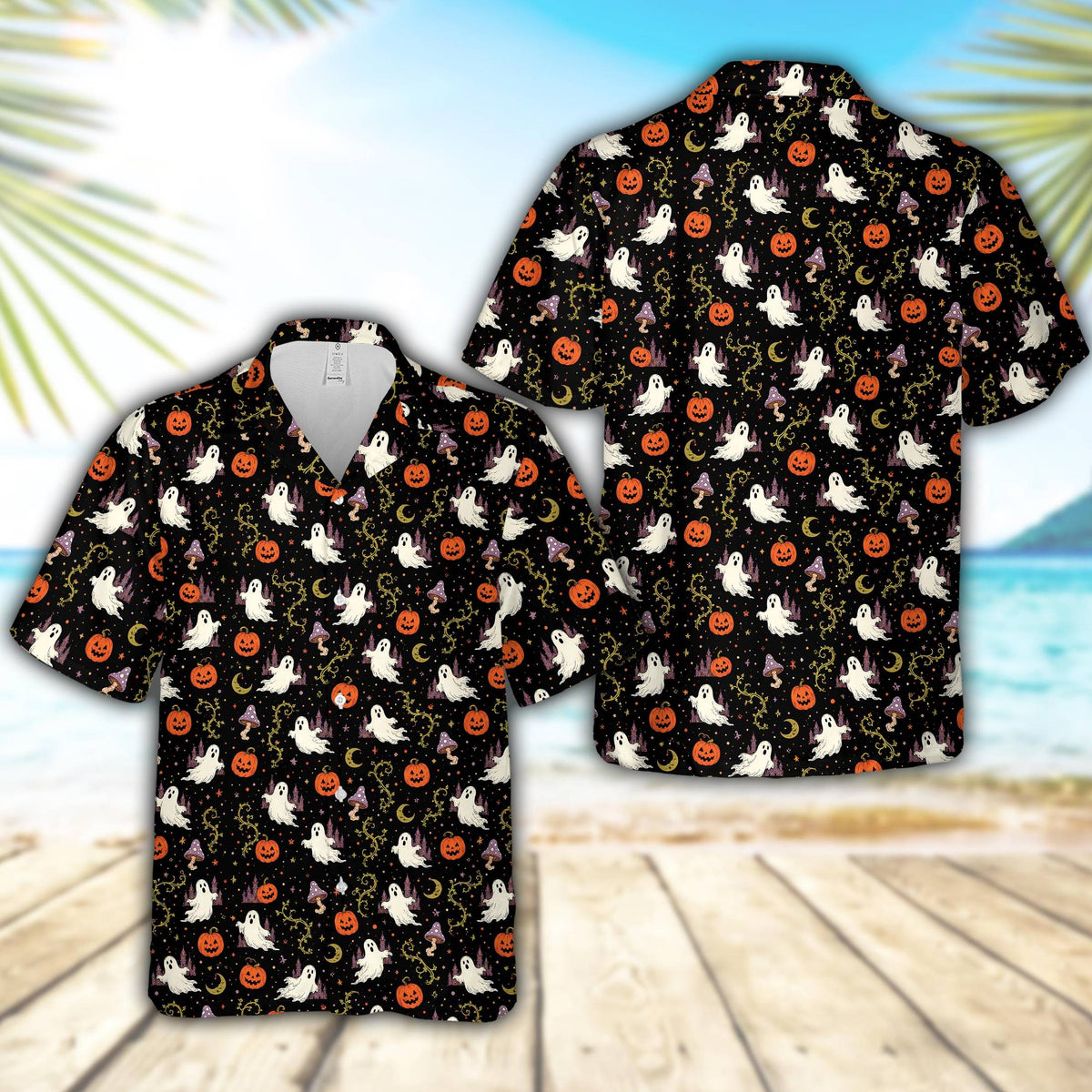 Matching family halloween hawaiian shirt featuring ghosts and pumpkins on a black background, front view