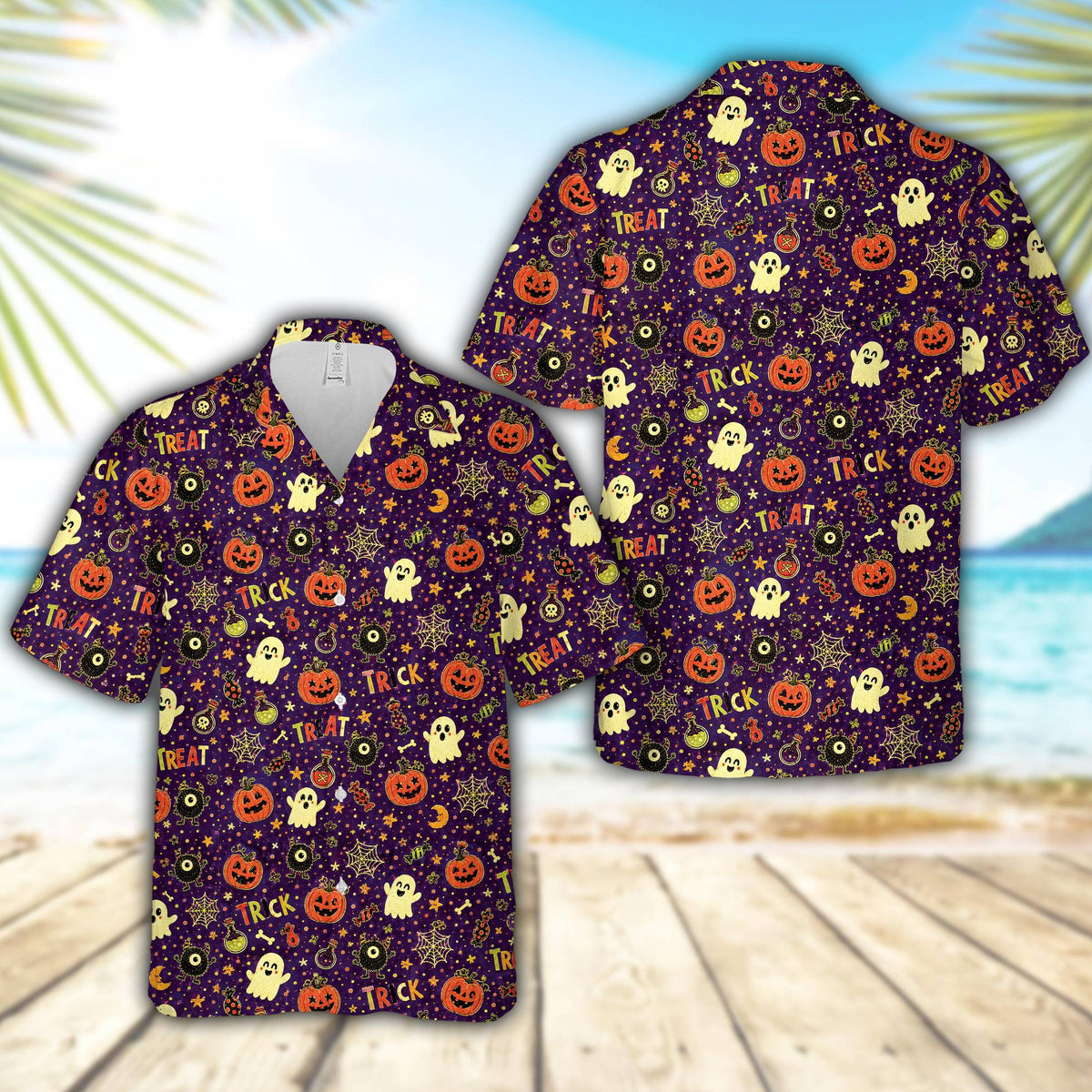 Front view of the dark purple Halloween hawaiian shirt with festive all-over print