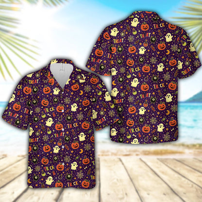 Front view of the dark purple Halloween hawaiian shirt with festive all-over print