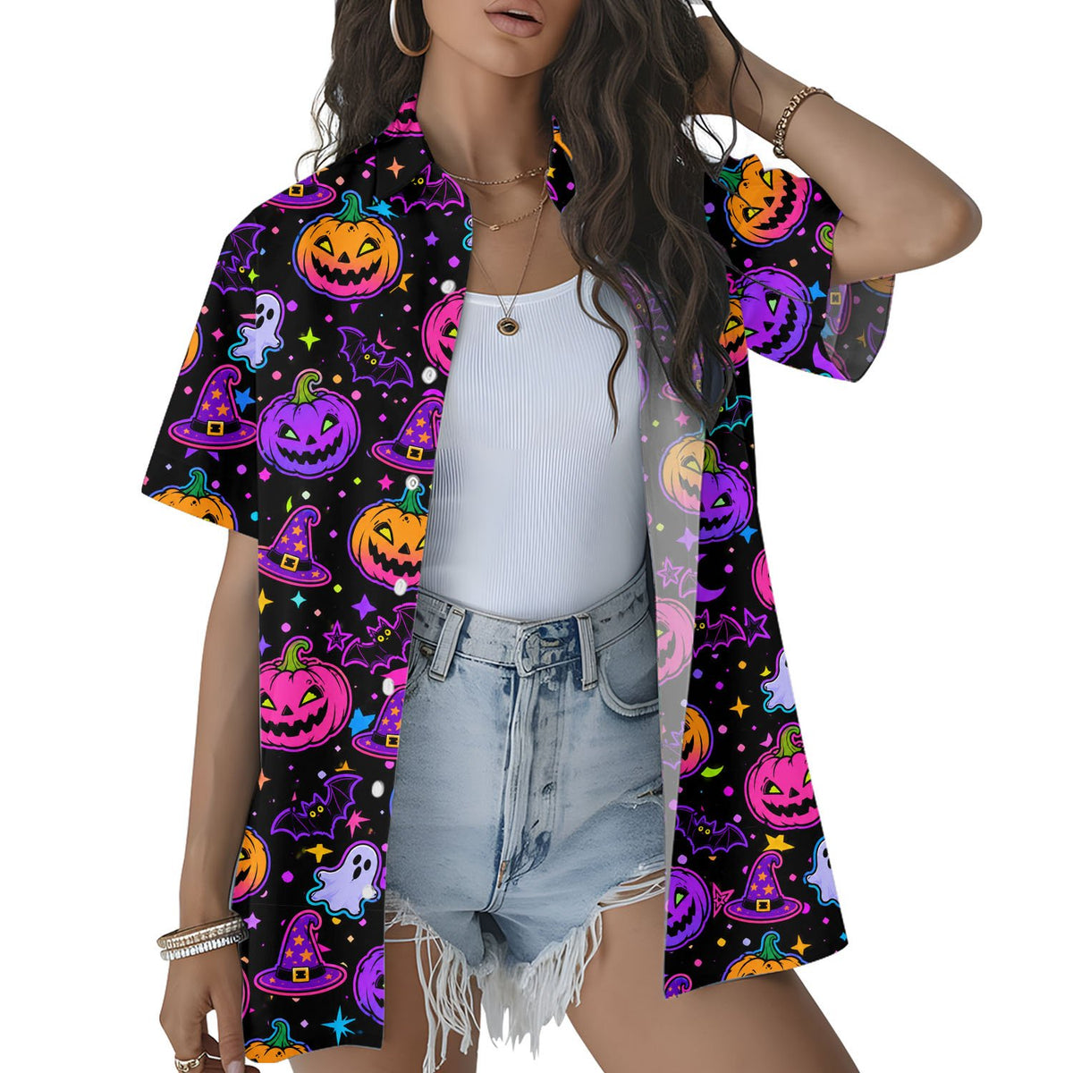 Front view of the matching family hawaiian shirt design with purple and orange accents