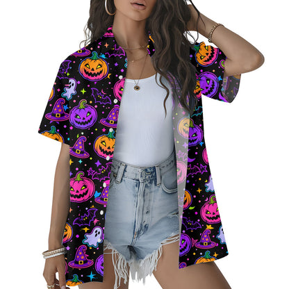 Front view of the matching family hawaiian shirt design with purple and orange accents