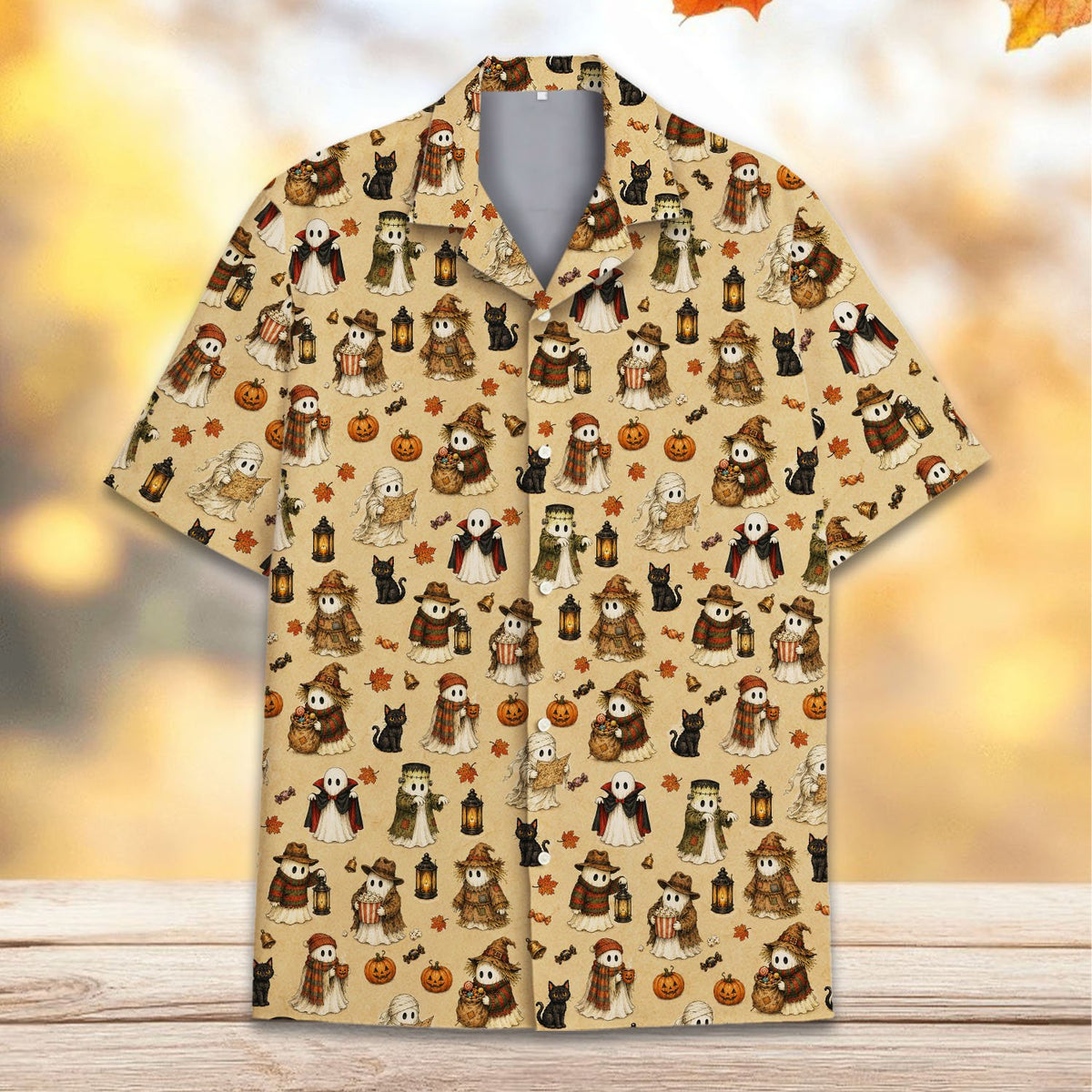 Alternate front view of the matching family hawaiian shirt in beige and orange