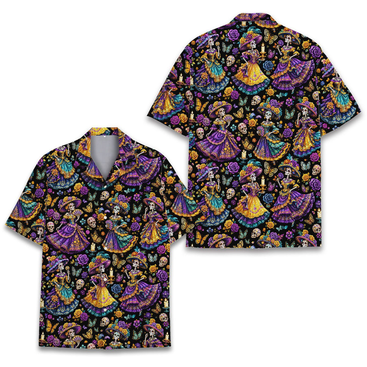 Flat lay front view of the matching family hawaiian shirt for Halloween