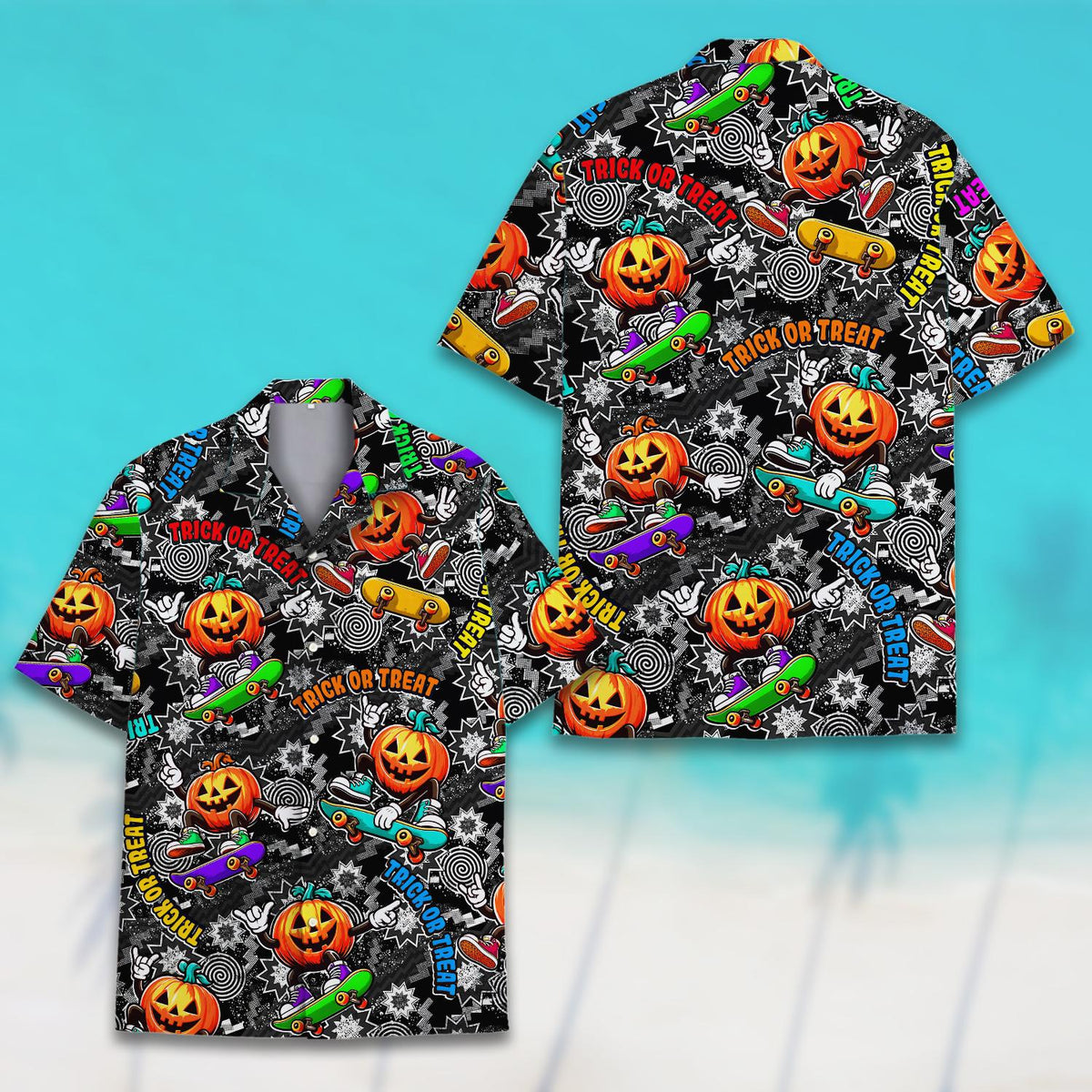 Close up front view of the jack-o-lantern skateboard graphics on the hawaiian shirt