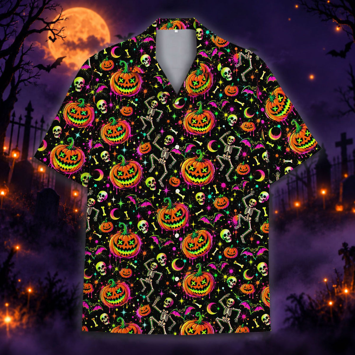 Close-up front view of the neon bats and skulls on the hawaiian shirt