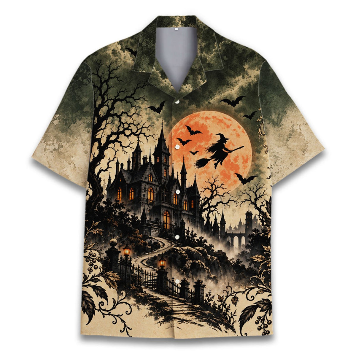 Detailed front view of the black and orange holiday shirt