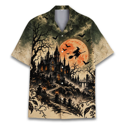Detailed front view of the black and orange holiday shirt