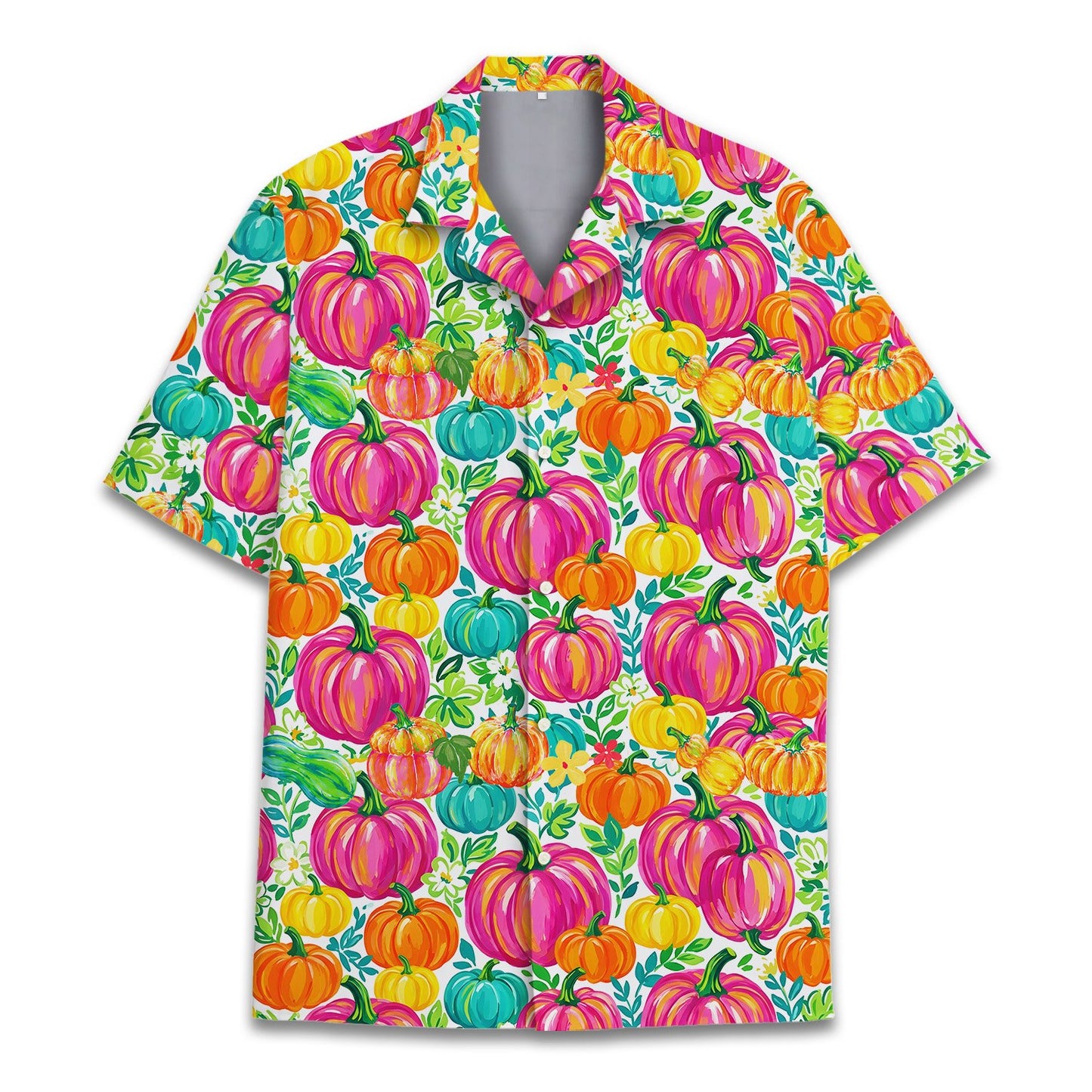 Floral pumpkin pattern on mens holiday hawaiian shirt, front view 4