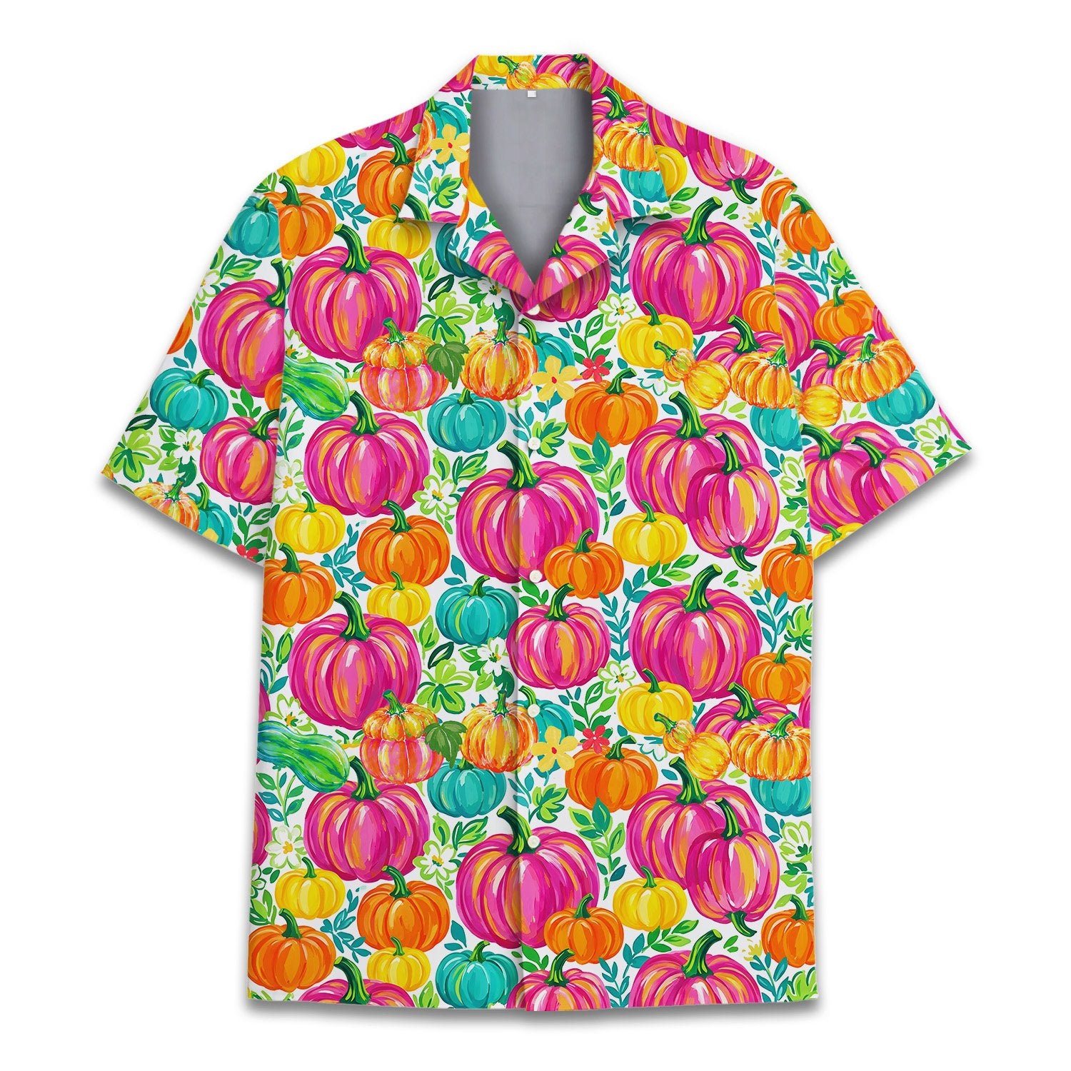 Floral pumpkin pattern on mens holiday hawaiian shirt, front view 4