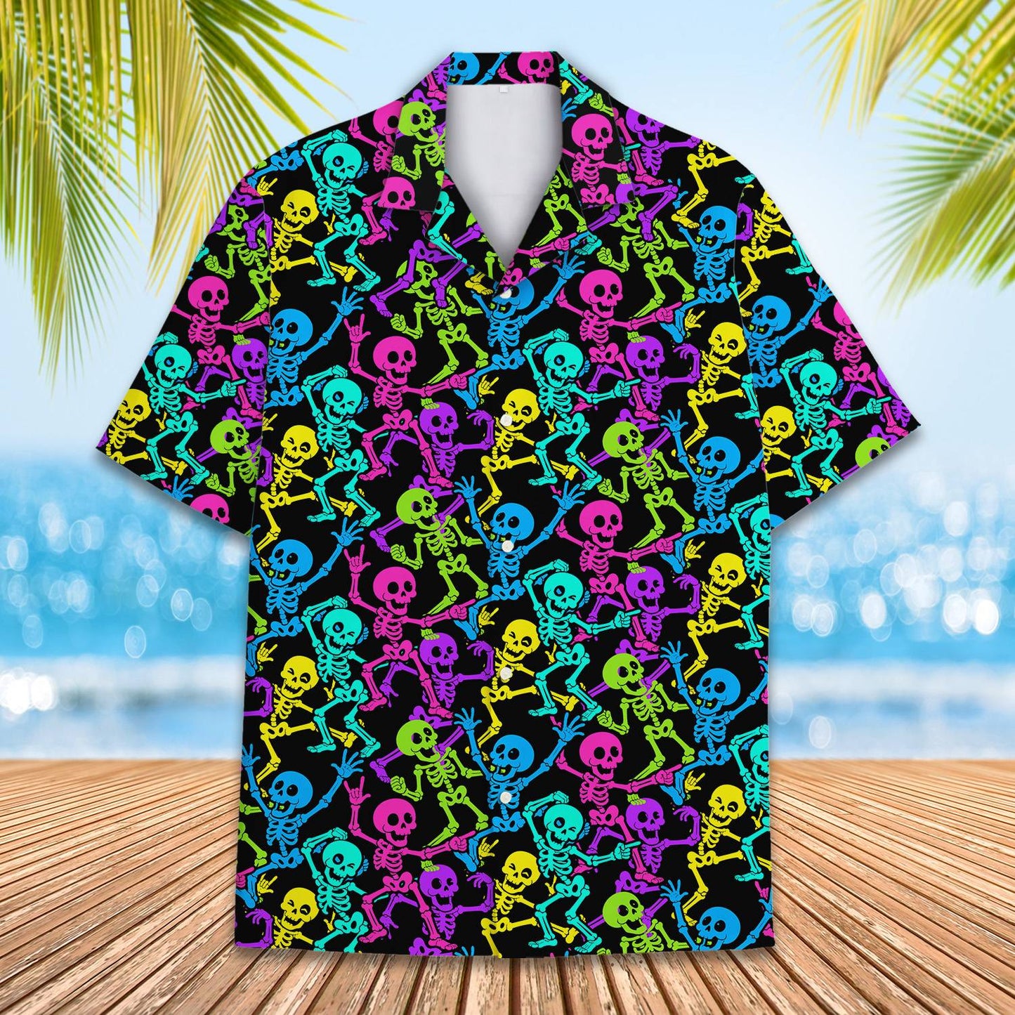Close up front view of the dancing skeletons design