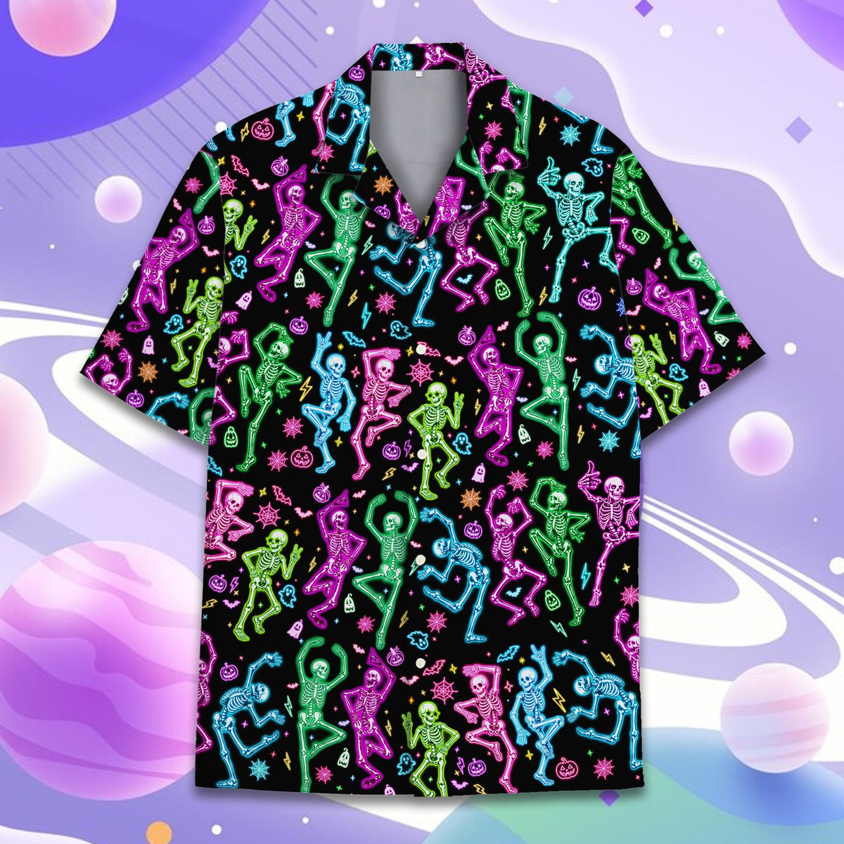 Another front view of the colorful neon skeleton hawaiian shirt