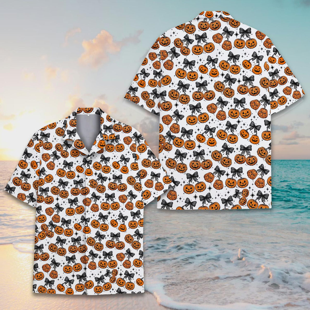 Orange jack-o'-lantern print on family hawaiian shirt