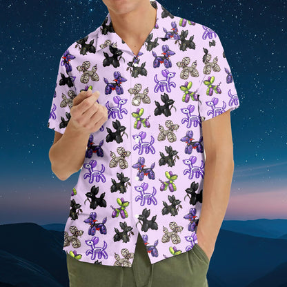 Detailed front view of Halloween balloon dog pattern on purple hawaiian shirt