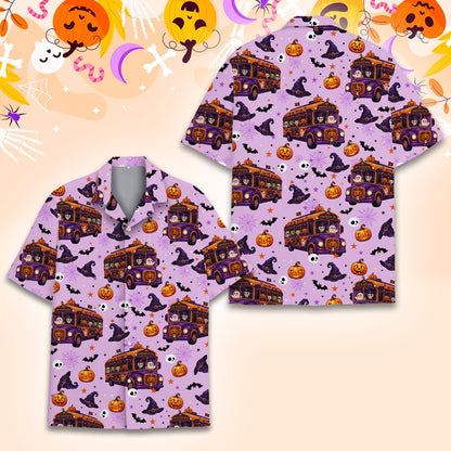 Front angle of the halloween family hawaiian shirt