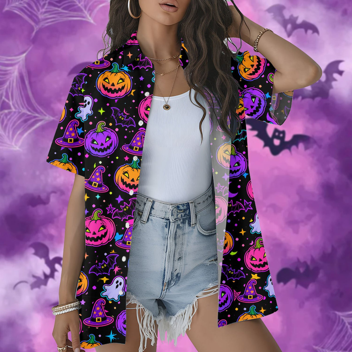 Another front angle of the festive black Halloween hawaiian shirt