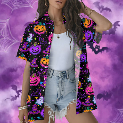 Another front angle of the festive black Halloween hawaiian shirt