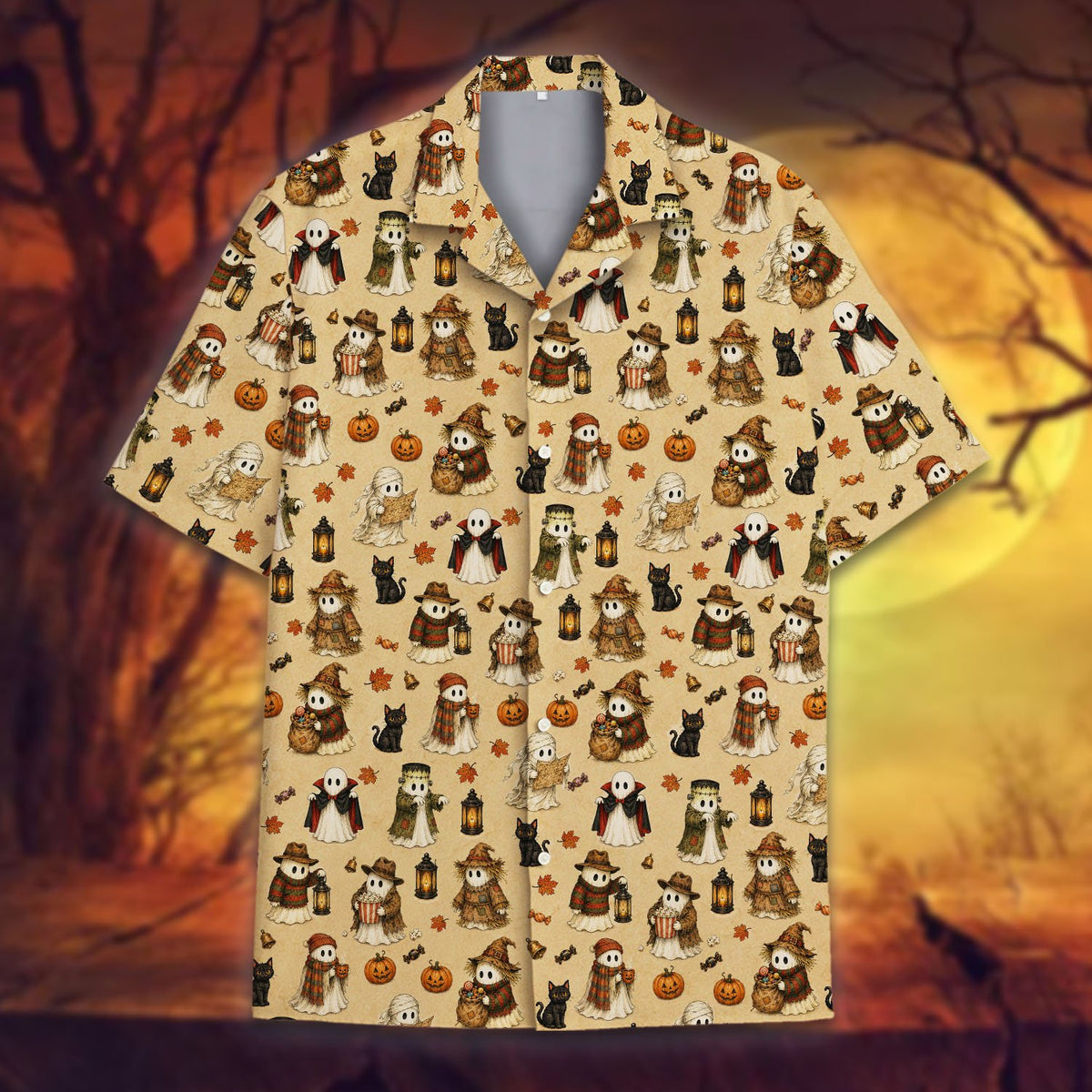 Front flat lay view of the halloween themed hawaiian shirt