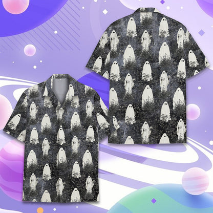 Lifestyle or styled front view of the white ghost pattern hawaiian shirt