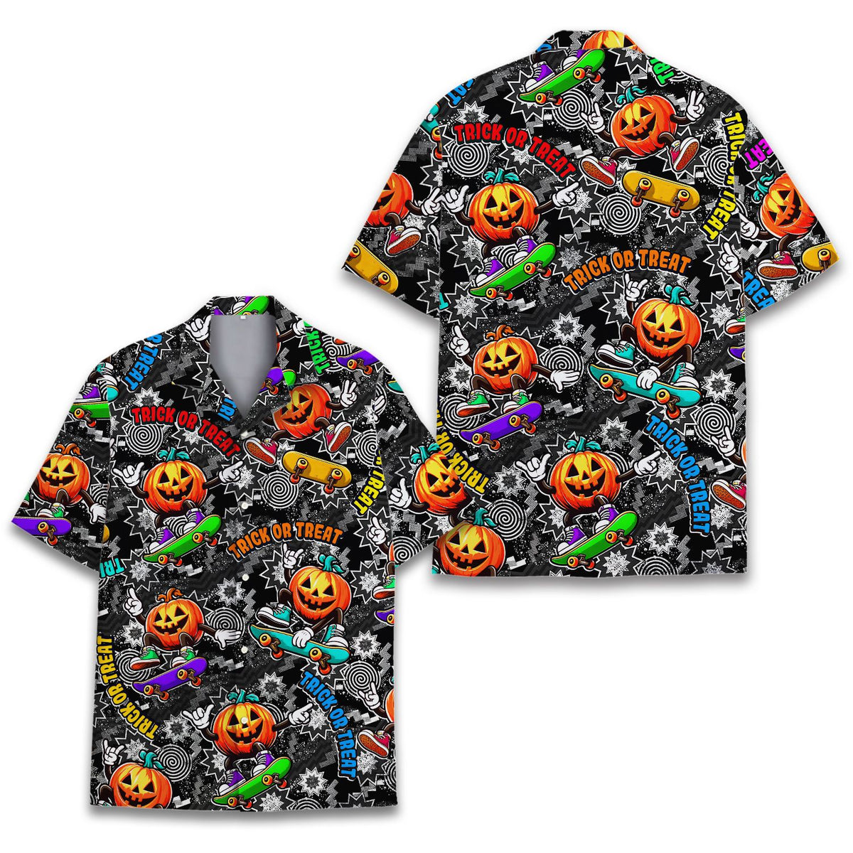 Another detailed front view of the halloween hawaiian shirt in black and orange