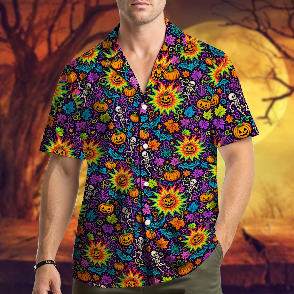 Another front angle of the psychedelic Halloween Hawaiian shirt