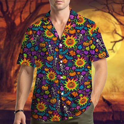 Another front angle of the psychedelic Halloween Hawaiian shirt