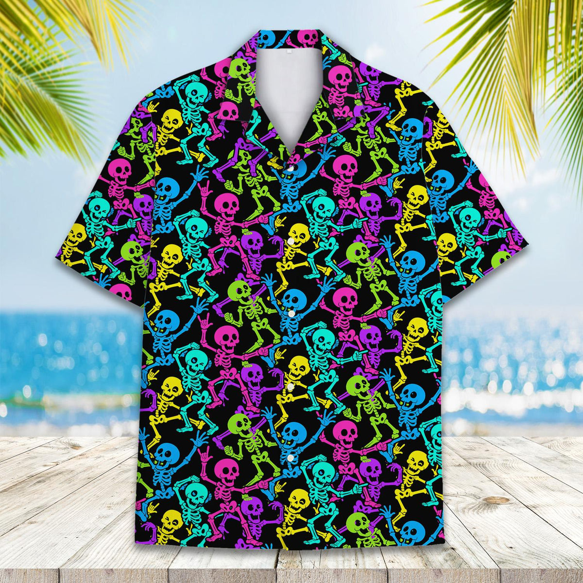 Neon skeletons pattern on black family Hawaiian shirt, front