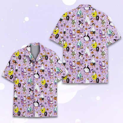 Front view detailing the button-up style of the festive hawaiian shirt
