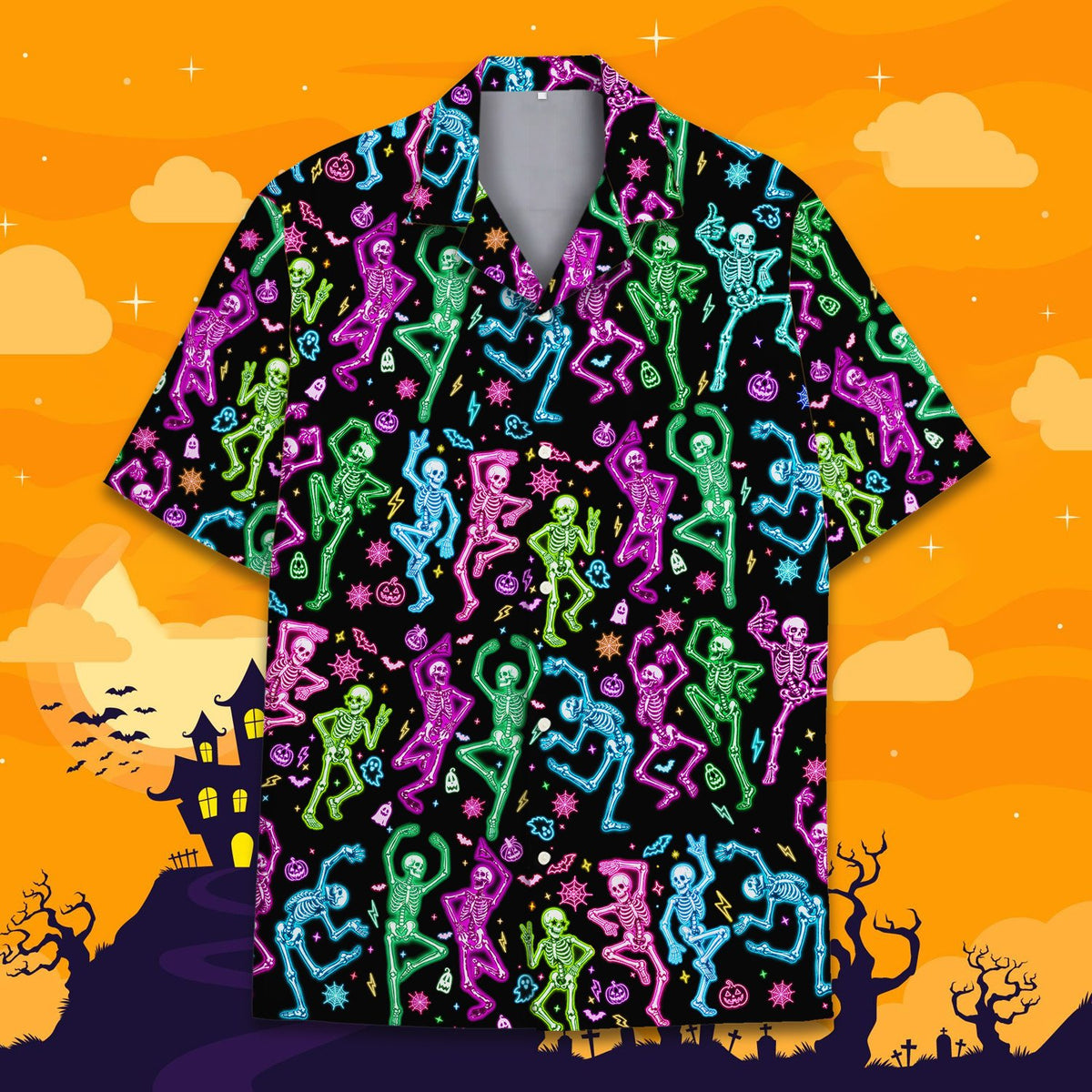 Alternative front view of the black and neon halloween hawaiian shirt