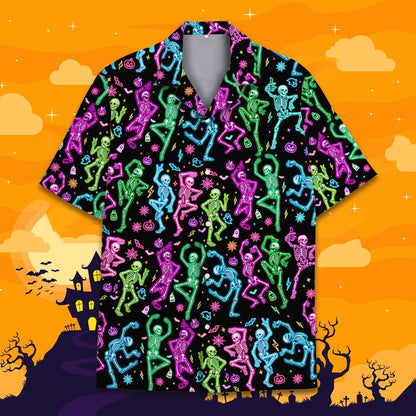 Alternative front view of the black and neon halloween hawaiian shirt