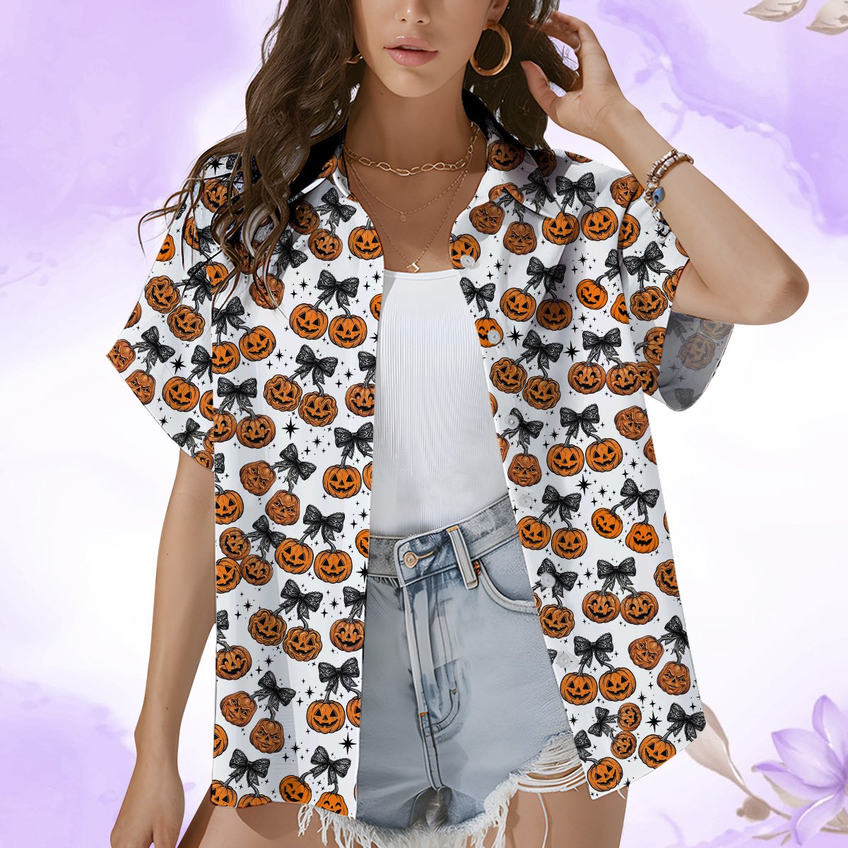 Button down detail on white halloween hawaiian shirt