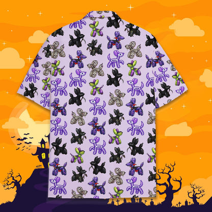 Close-up front view of Frankenstein's monster balloon dog on Halloween hawaiian shirt