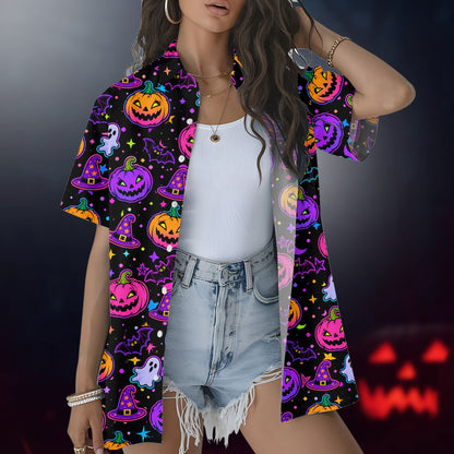 Detailed front view showing the button-down style of the neon Halloween shirt