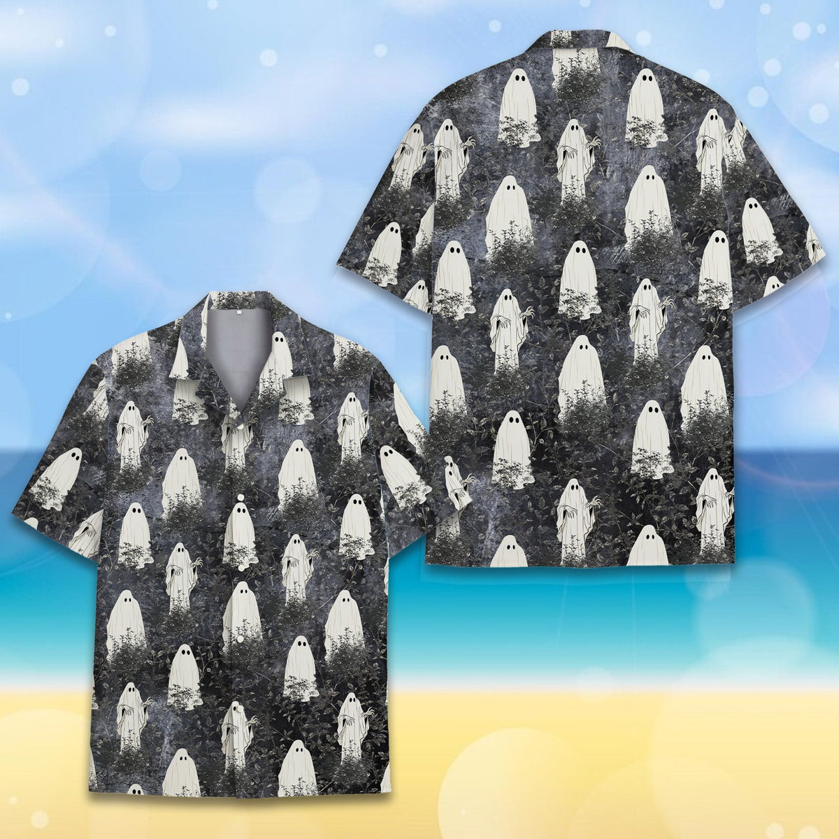 Another front angle of the matching family hawaiian shirt with dark forest design