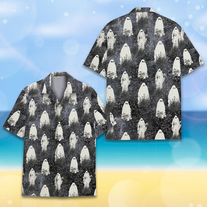 Another front angle of the matching family hawaiian shirt with dark forest design