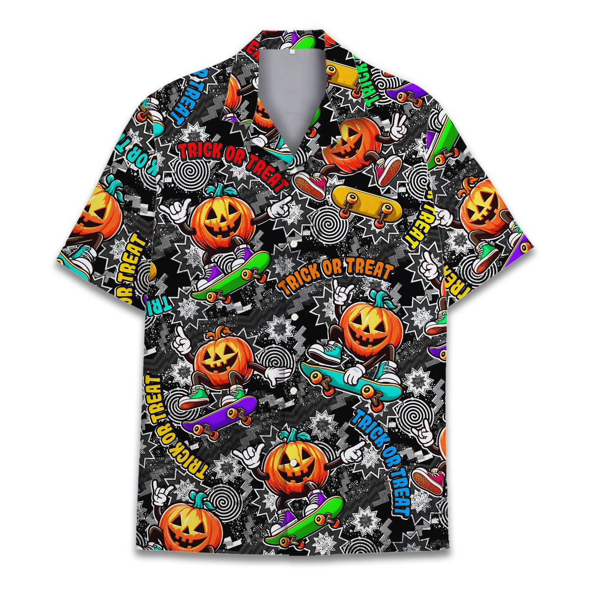 Front view showing the full pattern of the halloween hawaiian shirt