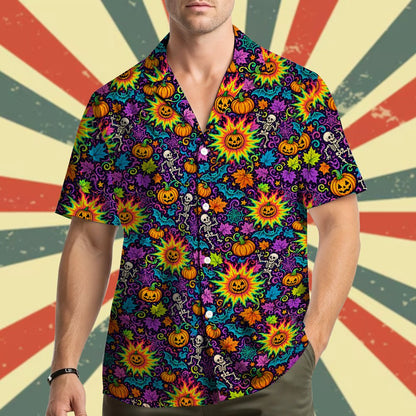 Front styling view of the multicolor Halloween Hawaiian shirt